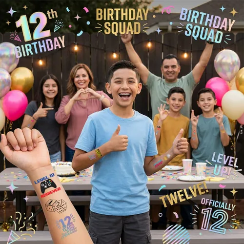 Vista 4 de Tatuajes temporales de cumpleaños número 12, 4 hojas, divertidos recuerdos de fiesta de cumpleaños para él o ella, suministros para fiestas