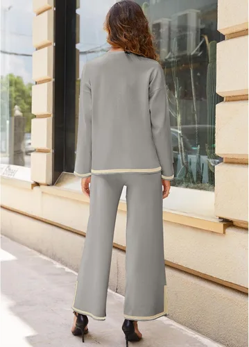 Vista 4 de Himosyber Conjunto de suéter de 2 piezas para mujer, sudadera de punto sin botones y pantalones deportivos