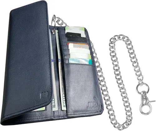 Vista 8 de IBRO Cartera de cadena de motocicleta para hombre 100 piel auténtica natural bloqueo RFID largo de triple pliegue organizador de dinero de tarjeta