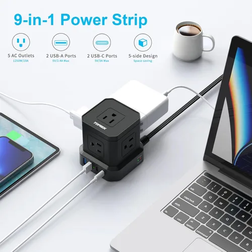 Vista 2 de Regleta de alimentación con USB-C (3.0A), protector de sobretensiones TOPREK (700J), cable de extensión de 10 pies con 5 CA y 4 USB, enchufe plano