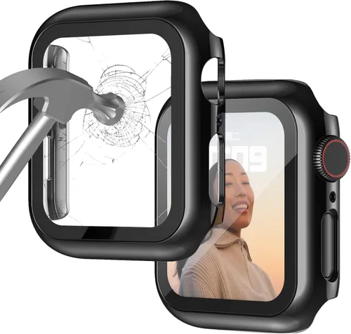 Vista 11 de Adepoy Paquete de 8 fundas con protector de pantalla de vidrio templado compatible con Apple Watch SE3 SE2 SE Series 6/5/4 de 1.575 pulgadas