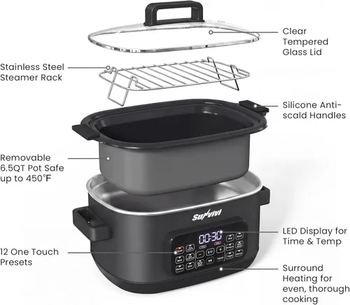 Vista 8 de Sunvivi Cocina múltiple 12 en 1, olla de cocción lenta programable de 6.5 cuartos de galón con temporizador y control de temperatura, ajuste