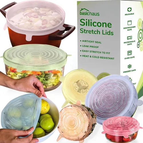 Vista 8 de Tapas de silicona para almacenamiento de alimentos - Paquete de 5 - 5 tamaños - Grado alimentario - Cubiertas de silicona reutilizables