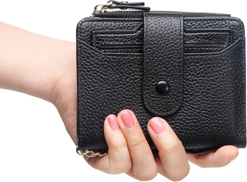 Vista 7 de Mini cartera plegable de cuero suave con protección RFID, para mujer, con funda para tarjeta, con ventana de identificación, monedero