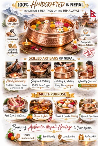 Vista 4 de Cuenco de spa de pies de cobre puro de 11 a 12 pulgadas hecho a mano Nepalí Khadkulo, lavabo de pedicura de cobre martillado para remojo de pies