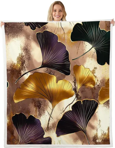 Vista 10 de Manta de hojas de Ginkgo de color amarillo, verde azulado, Ginkgo Biloba, manta de forro polar para niños y niñas, manta botánica de 40 x 50