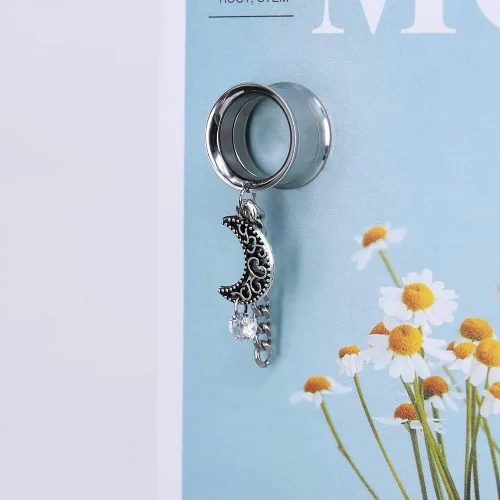 Vista 2 de ZS Vintage Moon Dangle Ear Tunnels Plug Stainless Steel Screw Ear Gauge Feather Chain Ear Expander Flesh Tunnels Piercing