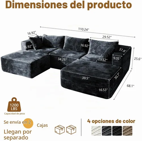 Vista 2 de Sofá modular sin hueso de 110 pulgadas con 2 otomanas, sofá en forma de U para sala de estar, sofá de piso de pana de asiento profundo, no requiere