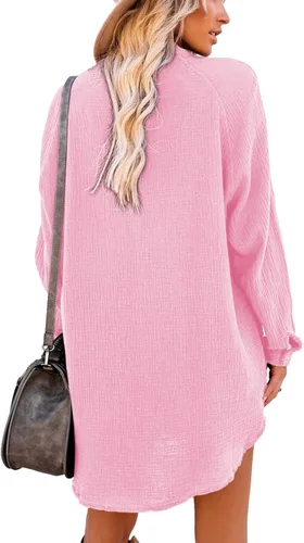 Vista 4 de iGENJUN Vestido tipo túnica de manga larga para mujer, con botones, de gran tamaño, estilo bohemio, con bolsillos