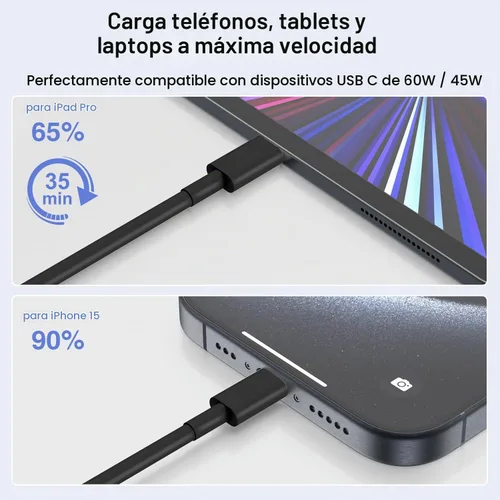 Vista 3 de Hzevn Cable de carga USB C de 60 W para MacBook Pro/Air y iPhone 16/15 Pro Max, certificado MFi 20V/3A, cable de carga súper rápido de 6 pies + 10