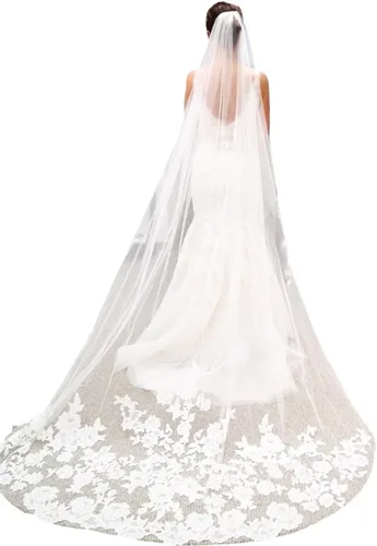 Vista 8 de Aiosy - Velo de novia con bordado, borde de encaje, con peine, longitud catedral, accesorios para el cabello