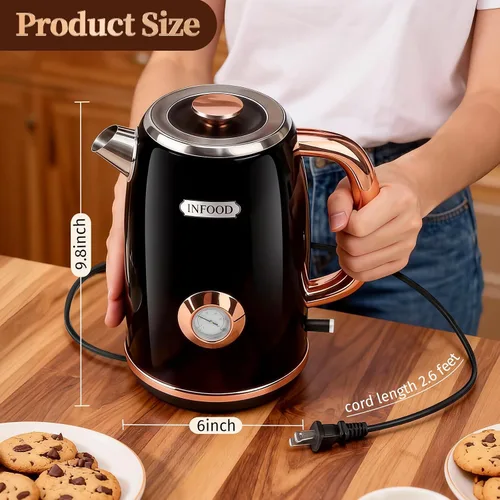 Vista 14 de INFOOD Hervidor eléctrico retro de 1.7 l/57 onzas con termómetro – Hervidor de té de agua caliente de acero inoxidable de 1500 W de ebullición