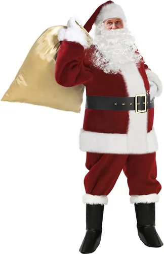 Vista 2 de VeMee Santa Claus Costume Christmas Santa Suit Adults Men's Costume Deluxe Plush Santa Outfit Burgundy