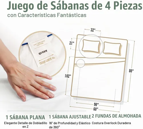 Vista 4 de TEXAS LINEN CO. Juego de sábanas de percal de algodón orgánico 100% Queen - Sábanas de percal de algodón rosado Queen, juego de 4 sábanas de percal