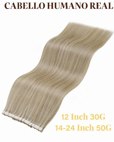 Vista 4 de 【Descuento】Hetto - Extensiones de cabello con cinta adhesiva, 40g, extensiones de cabello humano, color rubio ceniza oscuro degradado a rubio medio