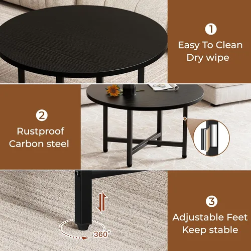 Vista 5 de Mesa de Centro, Mesas de Centro Pequeñas de 23.6", Mesas de Centro Redondas Negras para Sala de Estar, Mesa de Piso para Sentarse en el Suelo, Mesa