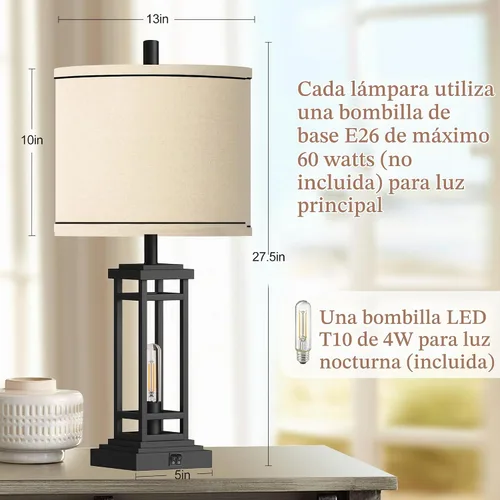 Vista 6 de ROTTOGOON Lámpara de mesa de granja de 27.5 pulgadas de altura con puertos de carga USB C + USB A, lámpara rústica para sala de estar, lámpara