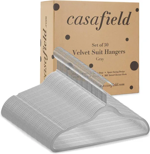 Vista 6 de Casafield 50 perchas de terciopelo gris para trajes, perchas antideslizantes que ahorran espacio