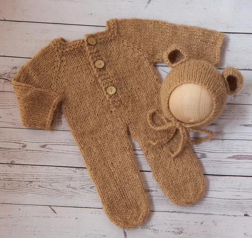 Vista 3 de Accesorios de fotografía para recién nacidos trajes para niños y niñas gorro de oso de angora y mameluco con pies conjunto de disfraz para sesión