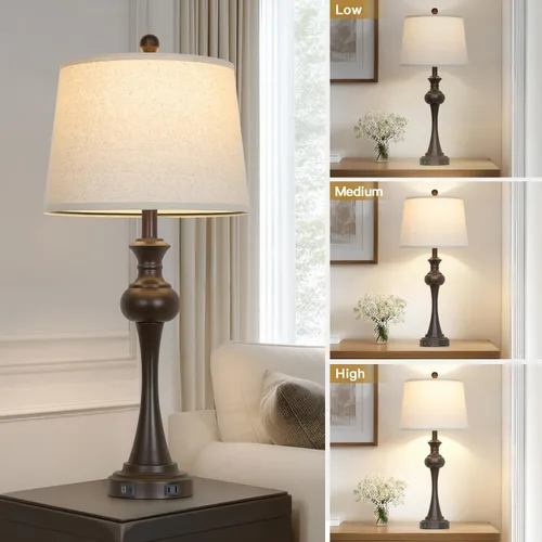 Vista 3 de CINSARY Lámpara de mesa marrón alta de 29", lámpara de noche con control táctil regulable en 3 vías con USB A+C y toma de corriente AC