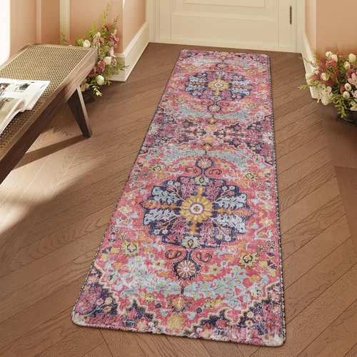 Vista 18 de Lahome Alfombra Floral Bohemio Medaillon - 2x3 Pequeña Alfombra de Baño Rosa Caliente, Alfombra de Cocina, Lavable a Máquina, Antideslizante, Suave