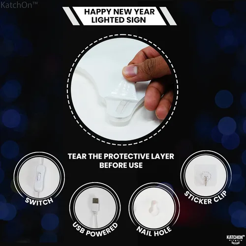 Vista 3 de KatchOn, Cartel LED Azul de Feliz Año Nuevo - 16x10 Pulgadas Cartel de Año Nuevo Neón Cartel Iluminado de Feliz Año Nuevo para Suministros