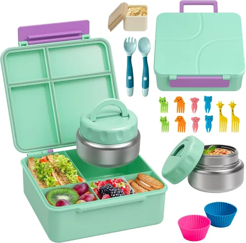 Vista 12 de Lonchera Bento con termo de sopa de 9.5 onzas, a prueba de fugas, 4 compartimentos, con cupcake de silicona, tenedor de frutas, cuchara y taza