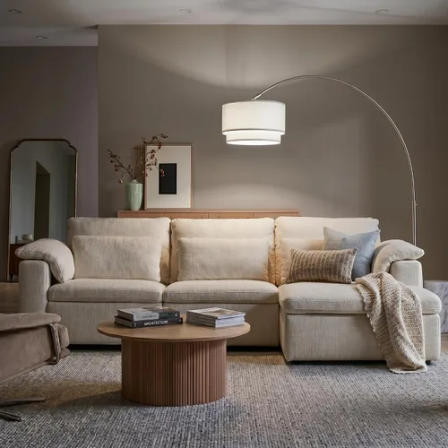 Vista 5 de Brightech Mason - Lámpara de pie de arco - Lámpara de pie de esquina moderna con pantalla de tambor colgante única para sala de estar - Luz curva