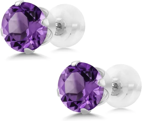 Vista 4 de Gem Stone King Aretes de tuerca de amatista morada de oro blanco de 14 quilates de 1.00 quilates para mujer Piedra natal Redondo de 0.197 in, Oro