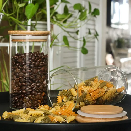 Vista 6 de Tarro de almacenamiento de vidrio con sello hermético de madera, tapa, 25 onzas, juego de 2, 25.4 fl oz de café en grano y recipiente de alimentos