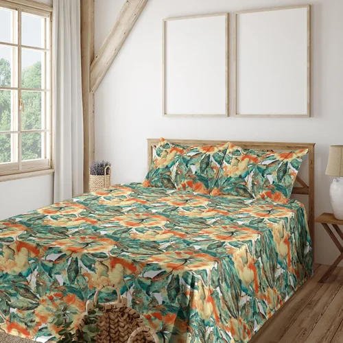 Vista 30 de Ambesonne Juego de sábanas vintage, diseño de curvas de inspiración victoriana, estampado de hojas y flores, sábana bajera y encimera con fundas