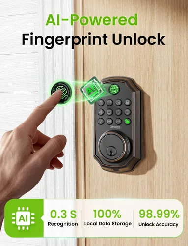 Vista 3 de GHome Smart cerradura inteligente para puerta KD30, cerrojo inteligente con huella dactilar para puerta delantera, cerradura de puerta de entrada