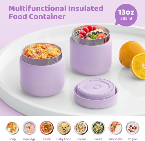 Vista 6 de Termo de alimentos aislado para niños de 13.5 onzas, para bebidas calientes y frías, boca ancha, a prueba de fugas, con tapas, recipiente térmico
