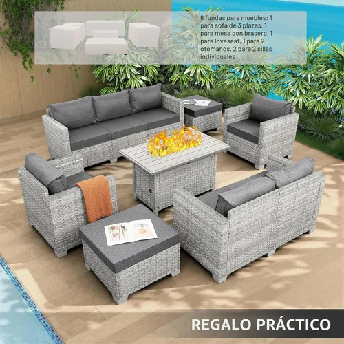 Vista 2 de WAROOM Juego de muebles de patio de 7 piezas de mimbre gris para exteriores, sofá seccional de ratán de polietileno con mesa para fogata de propano