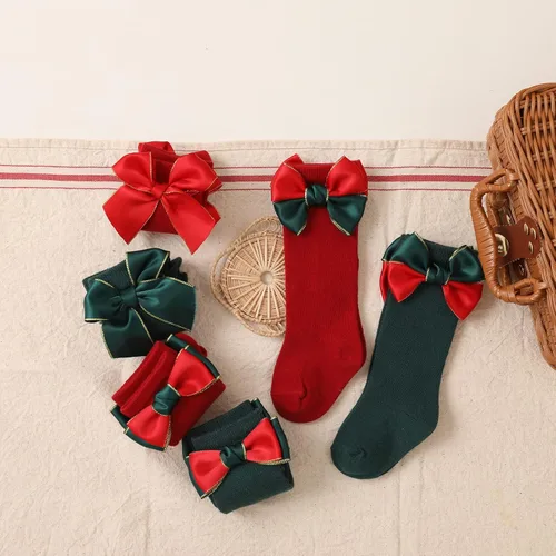 Vista 4 de Rarjuiey 2 pares de calcetines de Navidad para bebés y niñas pequeñas, medias de lazo alto hasta la rodilla, calcetines de algodón para recién