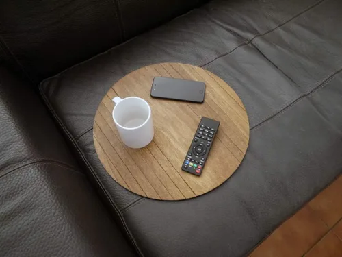 Vista 3 de Round wooden sofa armrest table in many colors as dark walnut Small flexible over the couch side tables Narrow folding dining slinky arm tray
