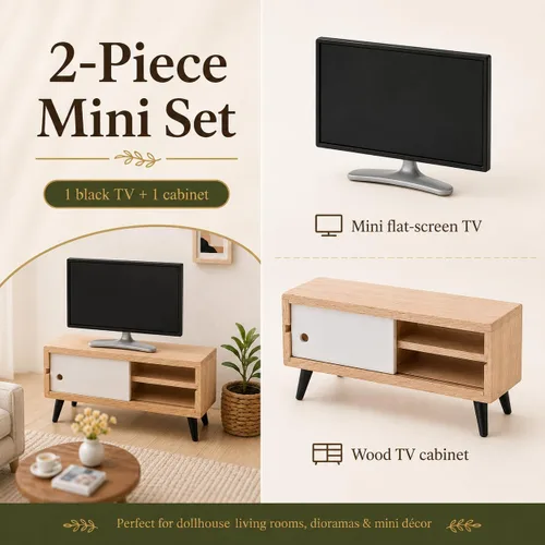 Vista 4 de NUOBESTY Mueble de TV y madera para casa de muñecas, monitor de juguete realista a escala 1/12, soporte de TV en miniatura moderno para casa