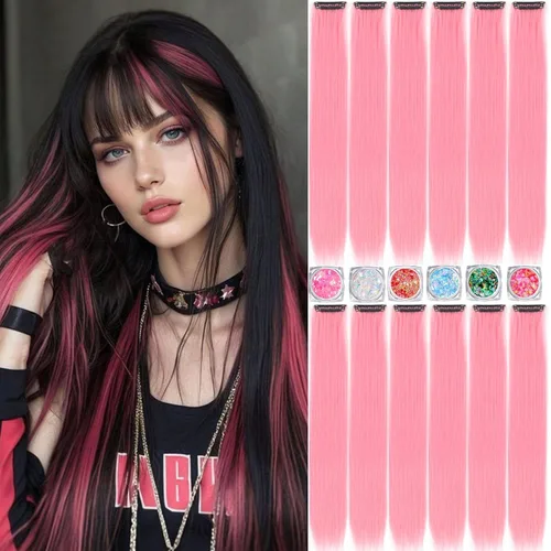 Vista 19 de Extensiones de cabello de colores, extensión de cabello liso con clip de 22 pulgadas, extensiones de cabello con brillantina multicolor arcoíris
