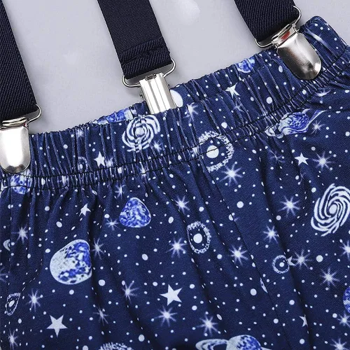 Vista 5 de IMEKIS Mameluco para bebé niño con diseño espacial para primer cumpleaños + pantalones cortos con tirantes, astronautas y accesorios para fotos