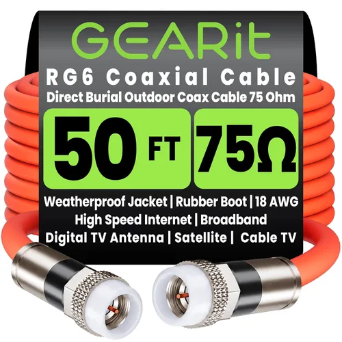 Vista 18 de GEARit Cable coaxial para enterramiento directo (15 pies) RG6 70 ohmios RF impermeable subterráneo en pared con protector de goma, Internet de alta