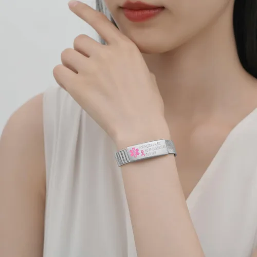 Vista 3 de Pulsera de alerta de linfedema, ajustable, malla de acero inoxidable, sin bp, sin agujas, para mujeres, pulseras médicas de emergencia para cáncer