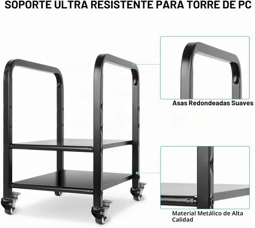 Vista 8 de Soporte de torre para computadora, soporte de piso de PC de altura ajustable de 2 niveles para torre pequeña/media, carrito de metal completo