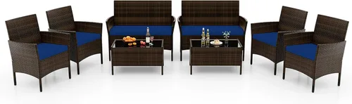 Vista 26 de RELAX4LIFE Juego de muebles de patio de 4 piezas – Juego de muebles de ratán para conversación al aire libre con cojines, mesa de centro de cristal