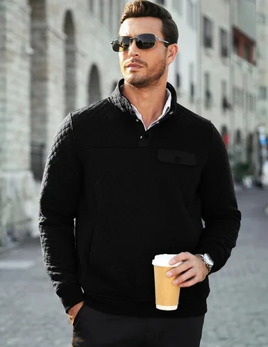 Vista 2 de JMIERR Sudadera acolchada para hombre, casual, de manga larga, cuello alto, con botones