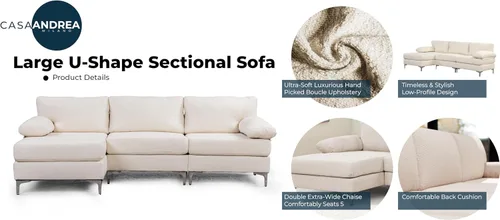 Vista 4 de Casa Andrea Milano BOUCLÉ - Sofá modular en forma de L, sofá de lujo con diván extra ancho, sofá para sala de estar, apartamento, salón, color crema