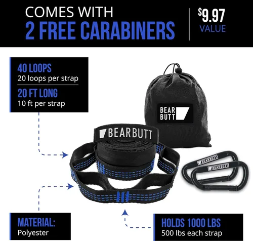 Vista 3 de Bear Butt Kodiak - Correas de hamaca para árboles, 20 pies de largo, 40 bucles combinados, soporta 1000 libras, accesorios de campamento