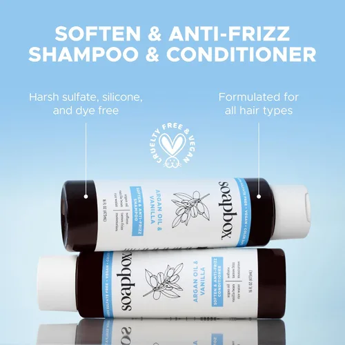 Vista 6 de Juego de Champú y Acondicionador de Argán Soapbox, Voluminizador, Vegano, Protege el Color, Libre de Sulfatos Agresivos y Siliconas, 1 Litro Cada