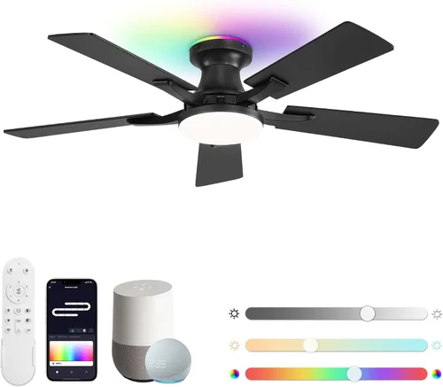Vista 9 de ZMISHIBO Ventilador de techo inteligente de 52 pulgadas con luz RGB, Alexa/App/Control remoto Negro