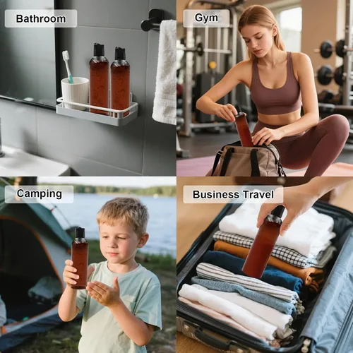 Vista 8 de Paquete de 2 botellas de plástico para champú de 8 onzas con tapas de disco, ámbar UV Protection, Leak Proof, Refillable, Travel Containers for