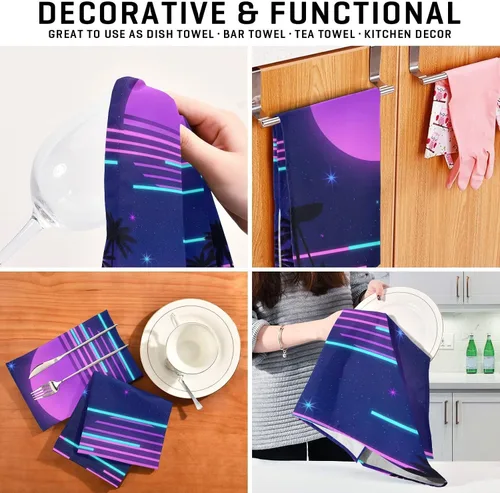 Vista 6 de Retro Neon Purple Gradient Sun Kichen Towel, 28x18 Inches Absorbent Printed Hand Towels